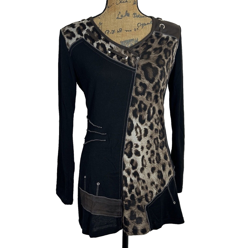 VEX Collection Top 38 Brown Black Long Sl France Animal Print Suede Rockability